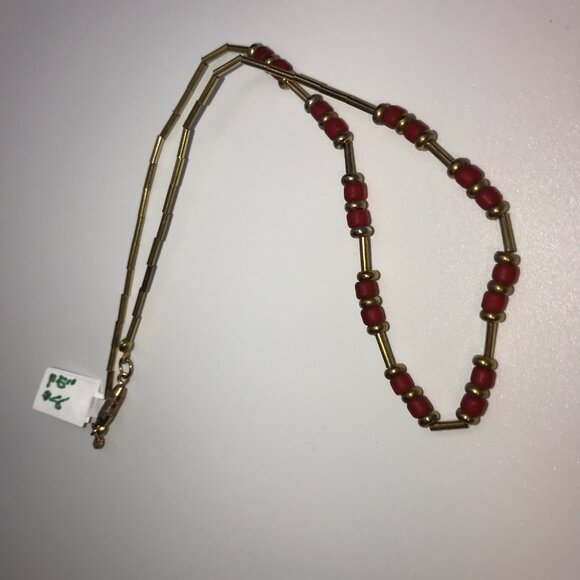 15" Matte Orange Red and Gold Beaded Necklace - Picture 3 of 13